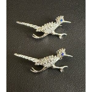 Vintage Roadrunner Bird Brooch Set of 2 Pins Silver Tone Blue Rhinestone Eye